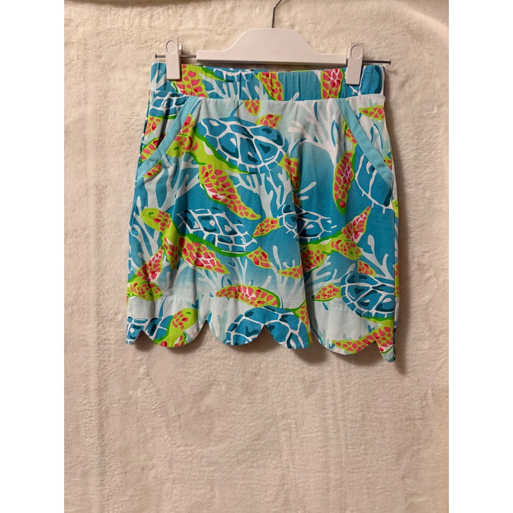 AnaClare Sea Turtle Scalloped Skort Womens XS Blue Pink Coral Reef Pockets Skirt